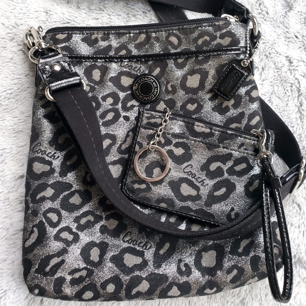 COACH crossbody metallic silver purse with wallet